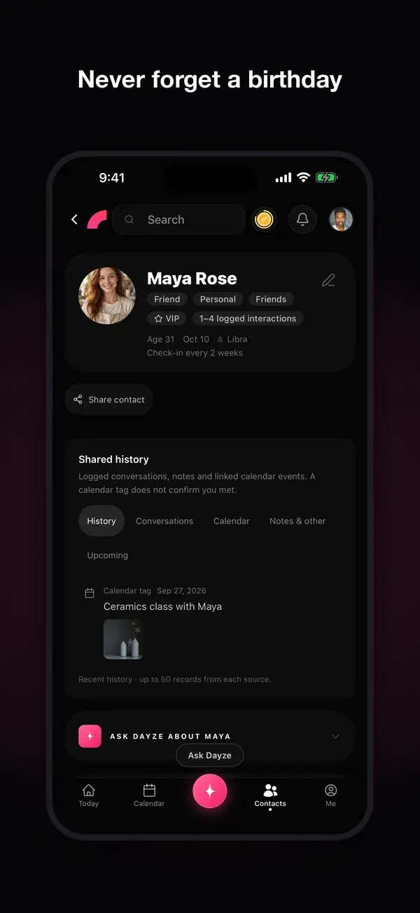 Dayze on a phone: the person page for demo contact Maya Rose
