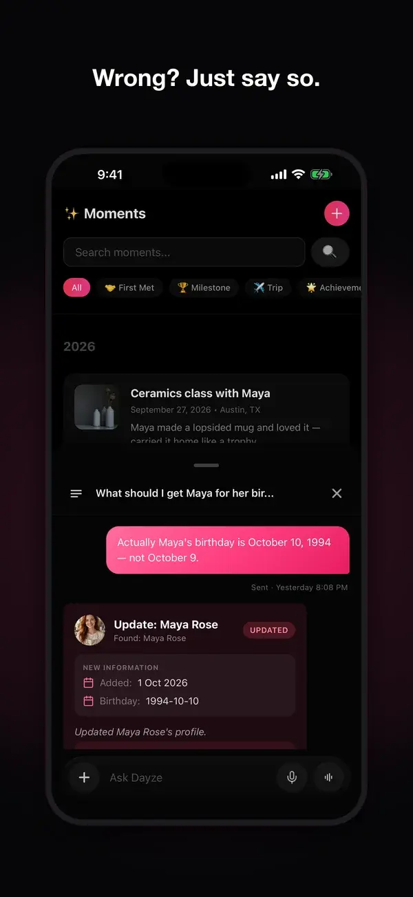 Dayze on a phone: correcting Maya Rose's birthday in chat